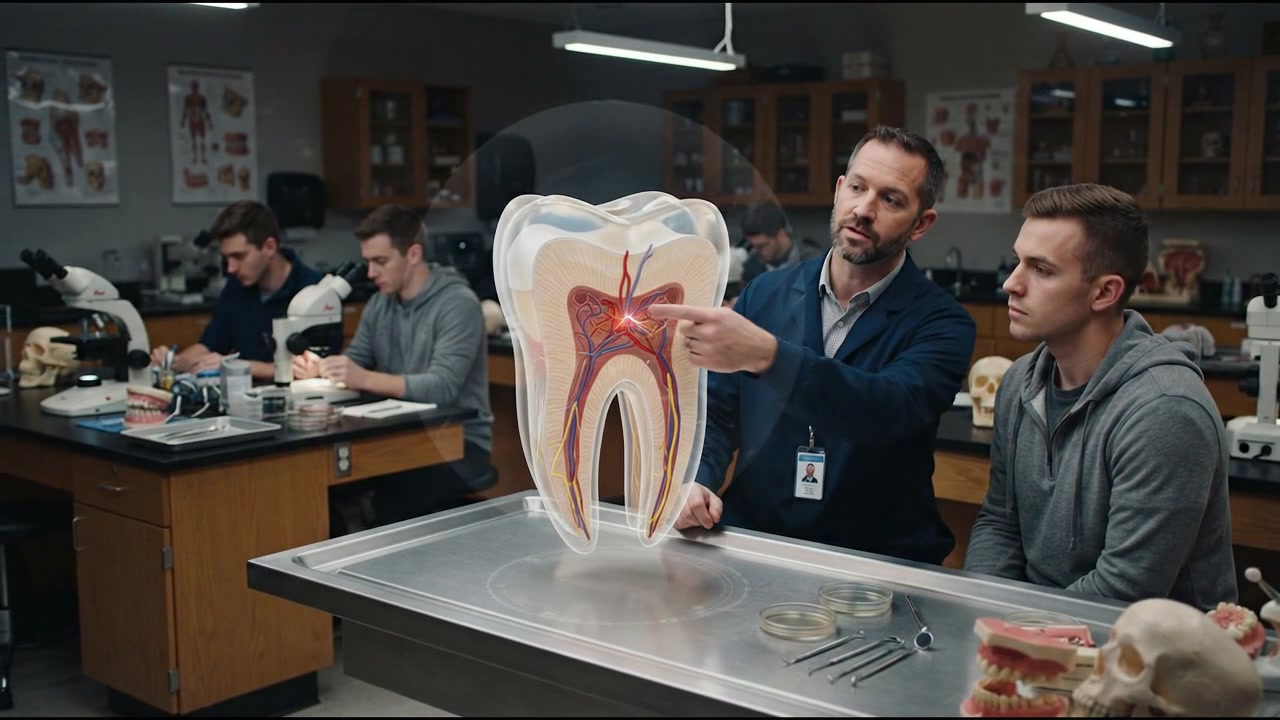 Dentistry Professor Explaining Tooth Anatomy Using Holographic Projection