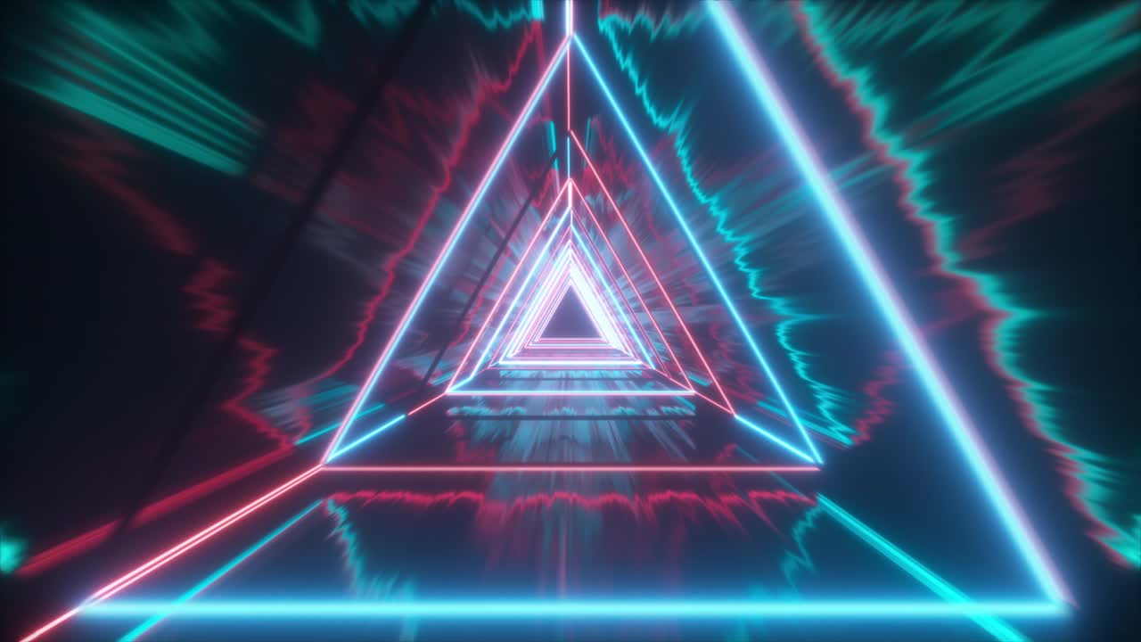 volando a través de triángulos de neón brillantes creando un túnel con reflejo grunge, espectro azul-rojo, luz ultravioleta fluorescente, iluminación moderna de colores, animación en bucle de 4k