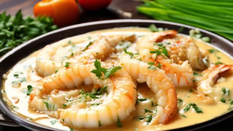 succulent prawns swimming in velvety garlic sauce, artfully garnished with vibrant parsley, presenting gourmet culinary elegance on pristine plate