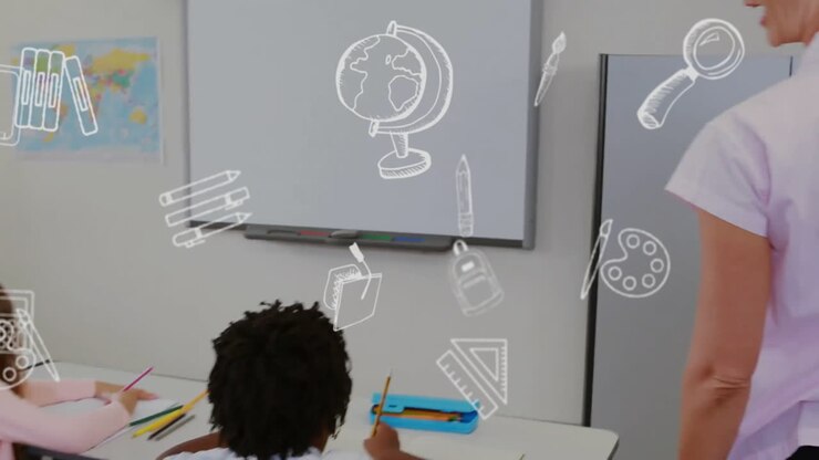 Animação de ícones escolares sobre diversos alunos em sala de aula