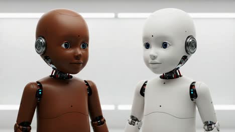 intriguing interaction between two advanced robots: a thought-provoking look at artificial intelligence and human-like realism in robotics and technology