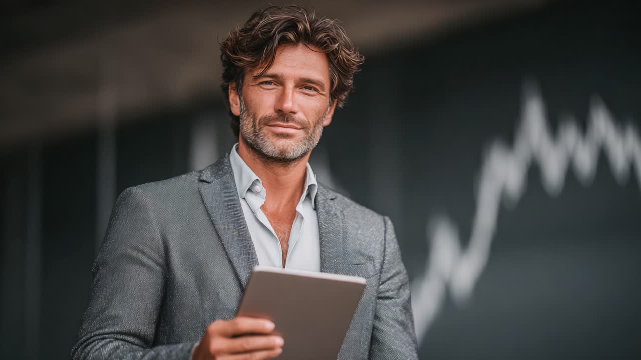 Uomo d'affari sicuro di sé che tiene in mano un tablet davanti a uno sfondo grafico astratto, che illustra la professionalità e l'innovazione moderna nell'ambiente aziendale