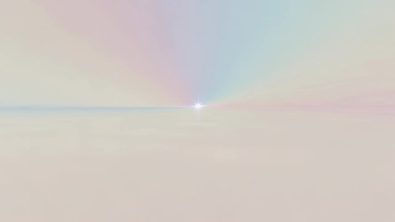 Brightening central light expanding at horizon, casting starburst flares across pastel gradient