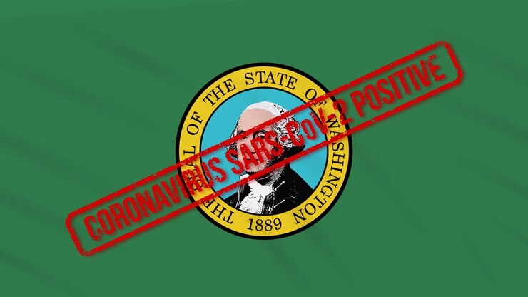 Bandiera dello stato americano di Washington che sventola, timbrata con risposta positiva al COVID-19, in loop.