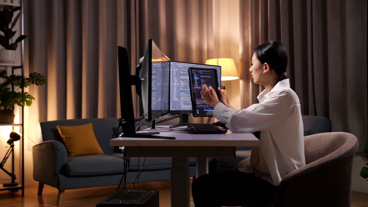 태블릿에서 데이터베이스를 보는 아시아 여성 프로그래머 소프트웨어 엔지니어는 집에서 데스크 컴퓨터에서 앱, 프로그램, 비디오 게임을 개발합니다.
