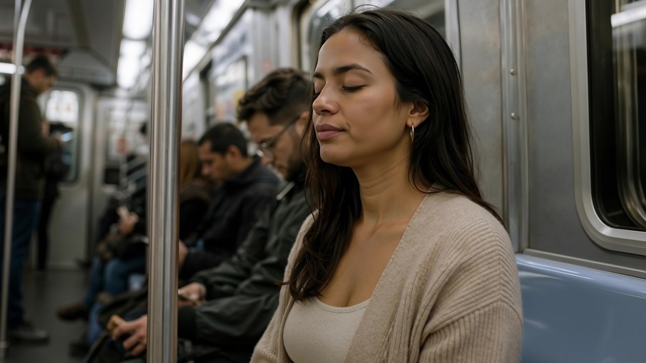 Young woman keeping her eyes closed while riding a busy subway train
