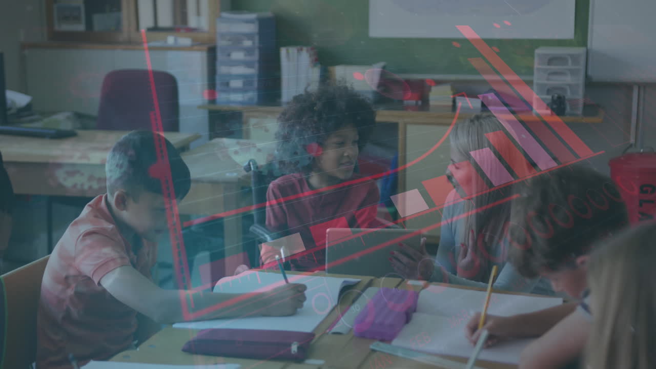 animación de estadísticas y gráficos sobre un grupo de niños sentados en un aula escribiendo