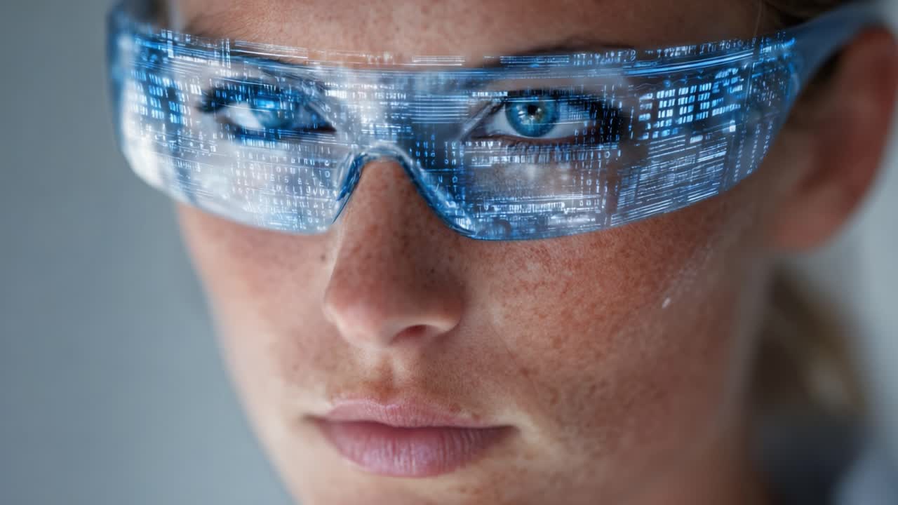 A Close-Up of a Woman Wearing Futuristic Smart Glasses with Reflective Displays, Showcasing a Blend of Technology and Impressive Eye Detail