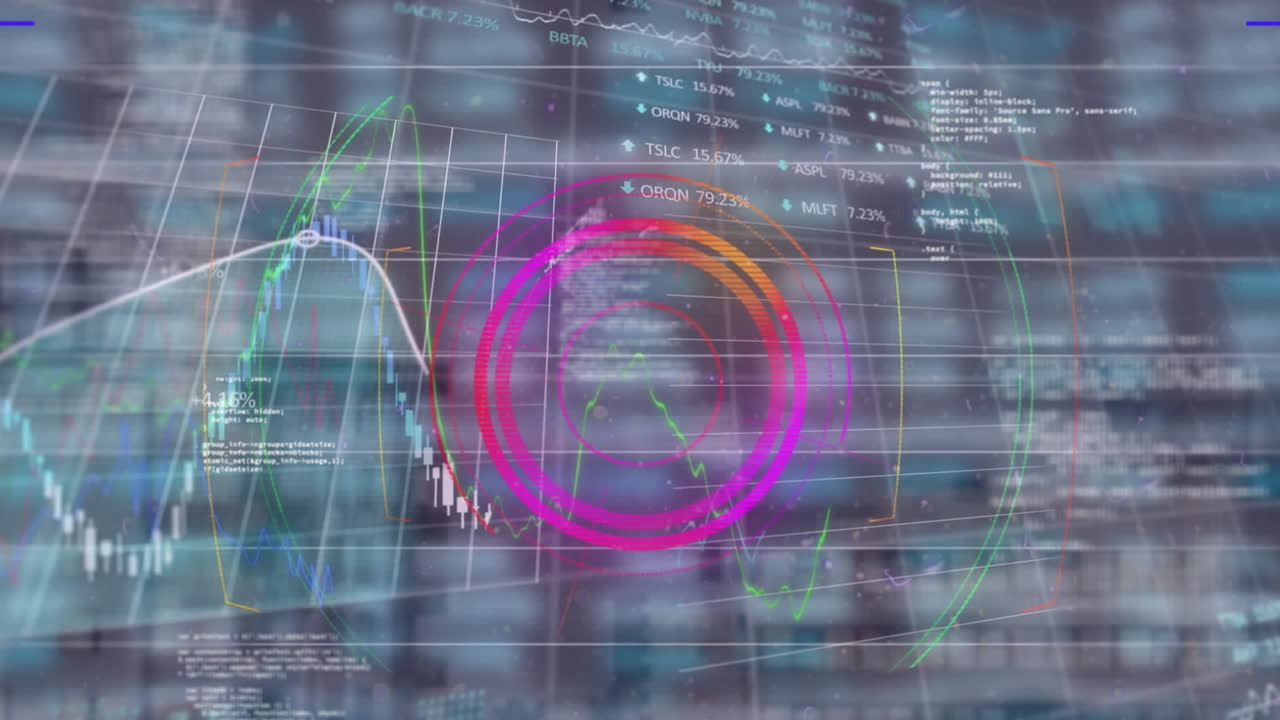 animación de senderos de luz de neón en el procesamiento de datos financieros y bursátiles contra edificios altos.