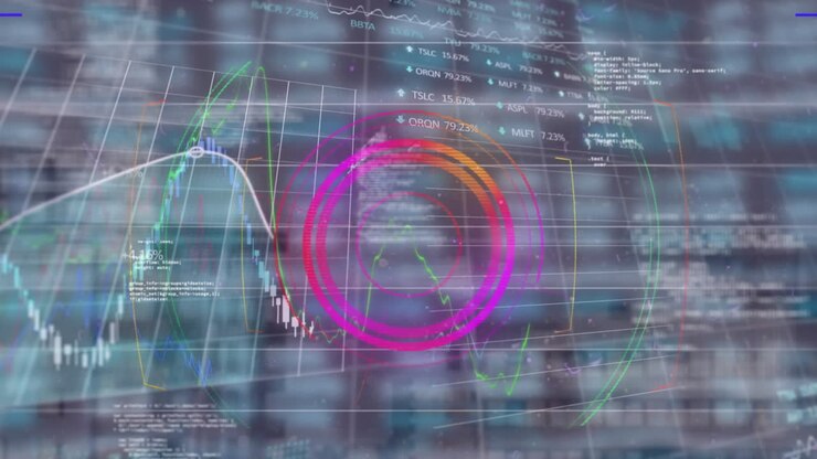 Animation of neon light trails on financial and stock market data processing against tall buildings