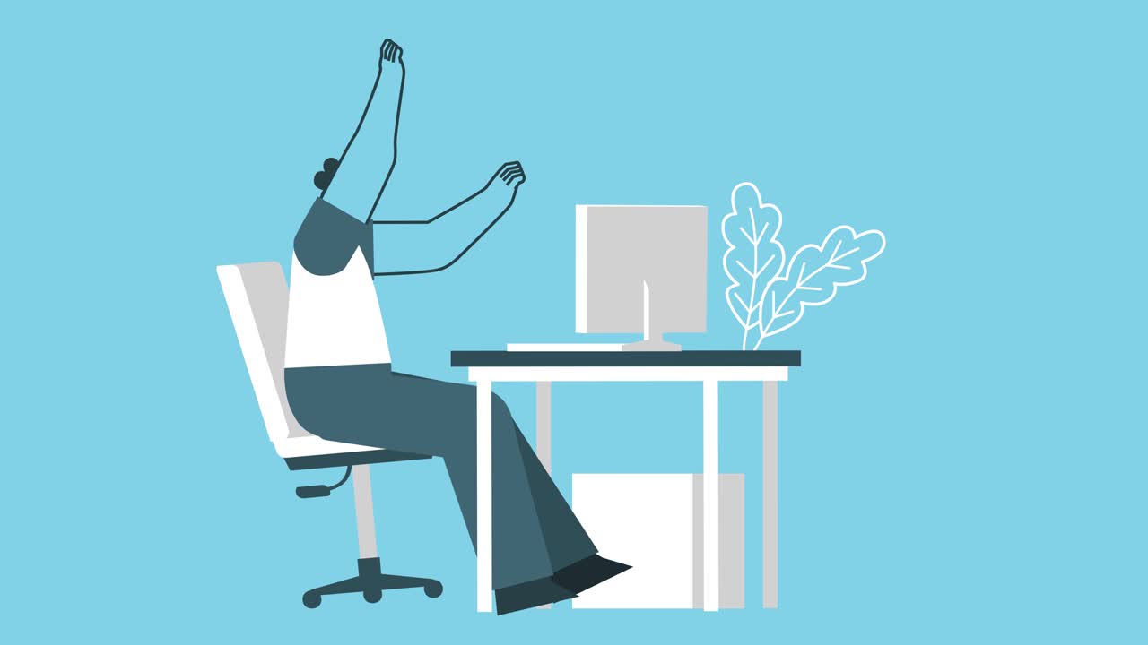 cartone animato uomo felice di successo che lavora al computer sul posto di lavoro. business hurray concept. flat design 2d personaggio animazione a ciclo isolato con canale alfa