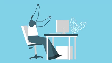 cartoon happy successful man working on computer at workplace. business hurray concept. flat design 2d character isolated loop animation with alpha channel