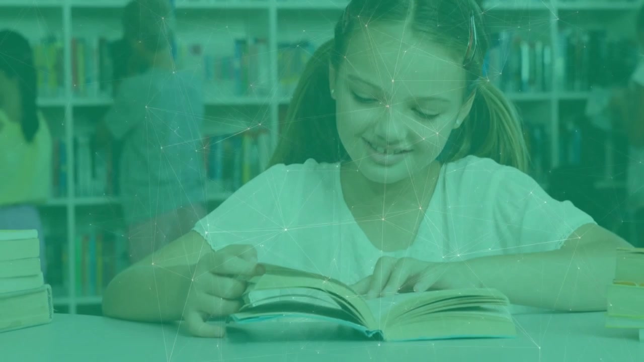 Girl opening hardcover book starting page scanning for education while peers browsing shelves