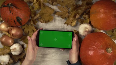 woman taps on a greenscreen phone in horizontal orientation amongst the autumn decorations