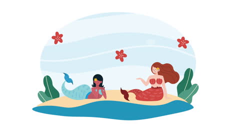 two beautiful fairy tale mermaids on the beach animation