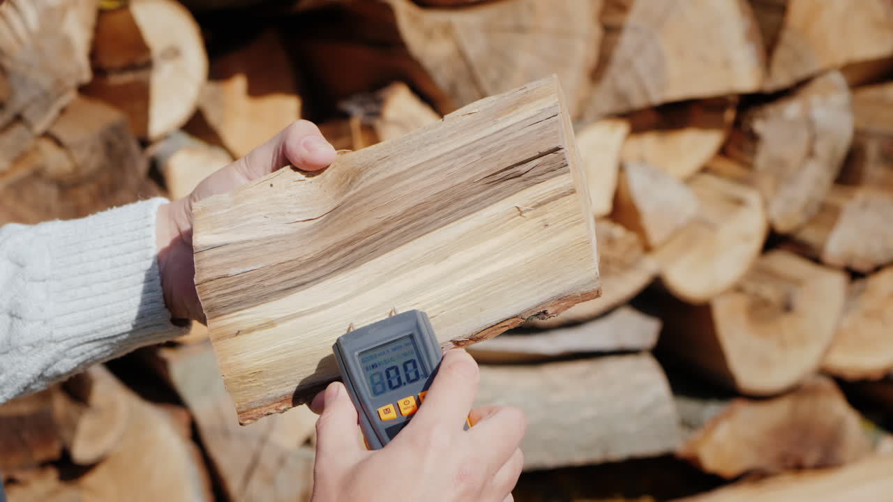 한 남자가 연료 품질을 모니터링하는 수분계로 장작의 습도를 측정합니다.