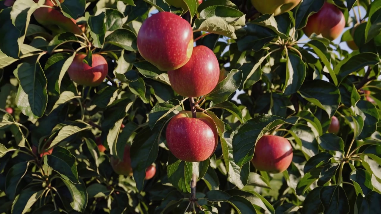 Mele rosse mature appese ai rami degli alberi in un frutteto