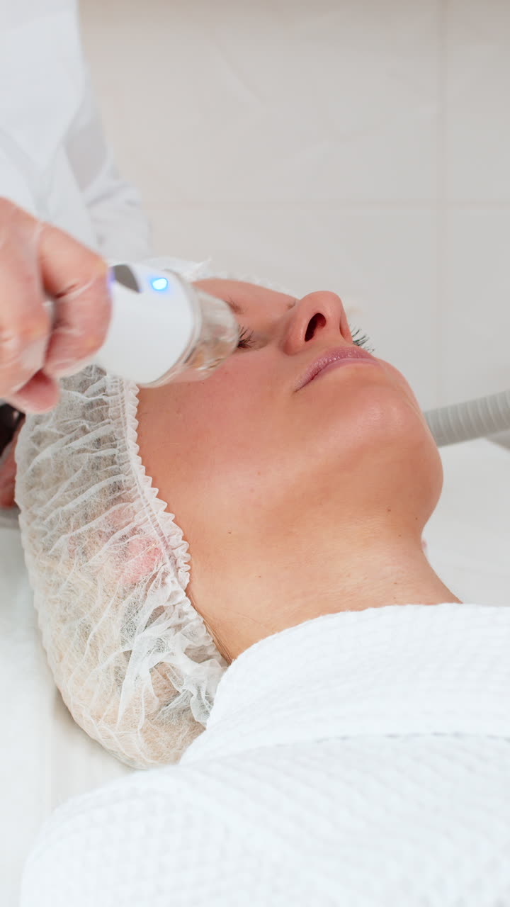 Una donna si sottopone a un trattamento di massaggio lifting viso RF da una cosmetologa che utilizza attrezzature professionali