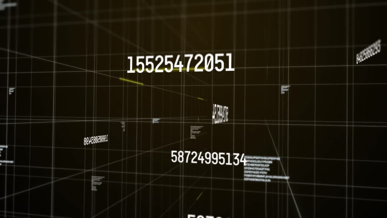 Animation of white numbers changing and data processing over glowing light trails