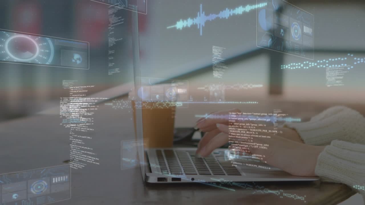 Software developer typing on laptop starting holographic code charts and audio waves to view data