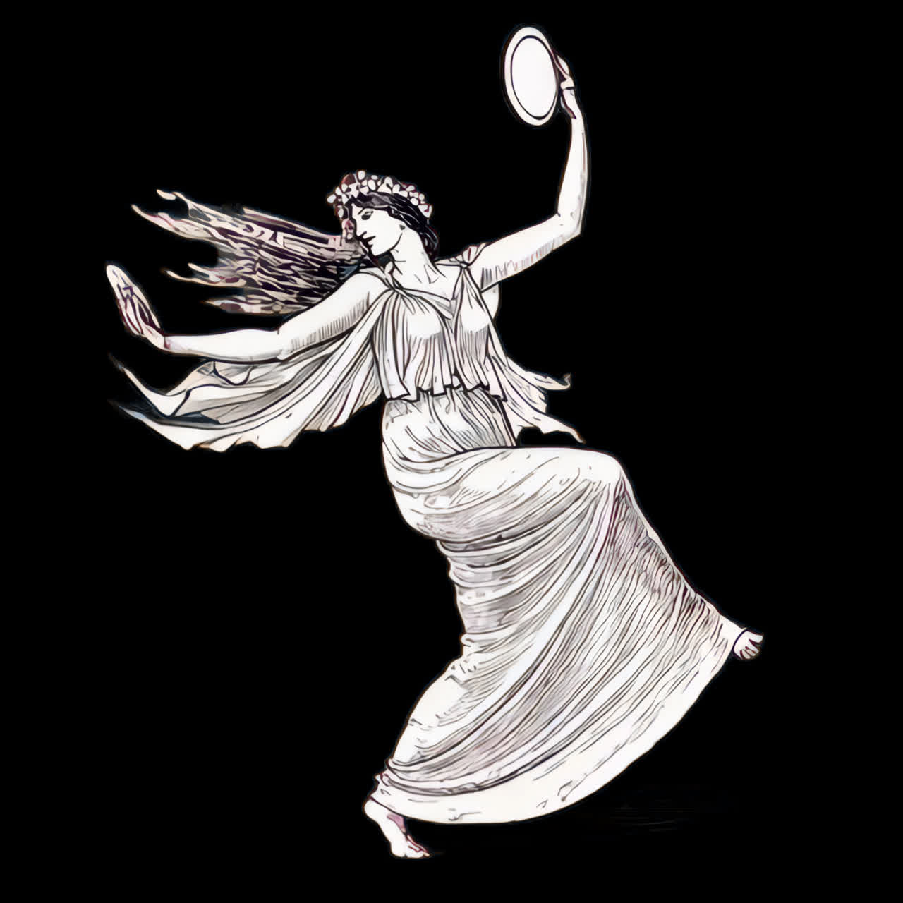 Illustrazione animata di una donna classica che balla con un tamburello.