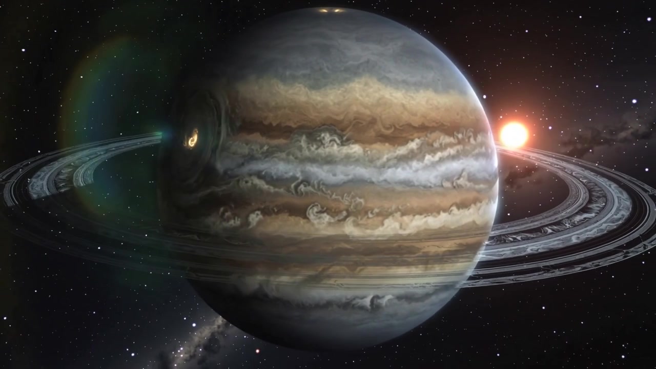 Revealing banded gas giant rotating with rings in space as bright star appearing causing lens flare