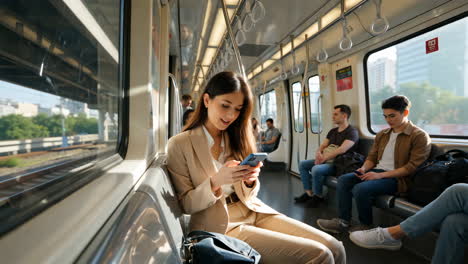 a woman using a mobile phone on a train