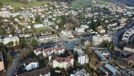 stationary aerial drone shot above the town of unterengstringen in the canton of zürich, switzerland