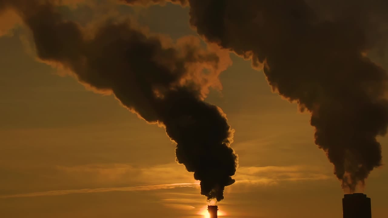 Factory pipe polluting air time lapse, environmental problems. Industrial factory pollution, smokestack exhaust gases. Industry zone, thick smoke. Climate change, ecology, atmoshere gas, ozone layer