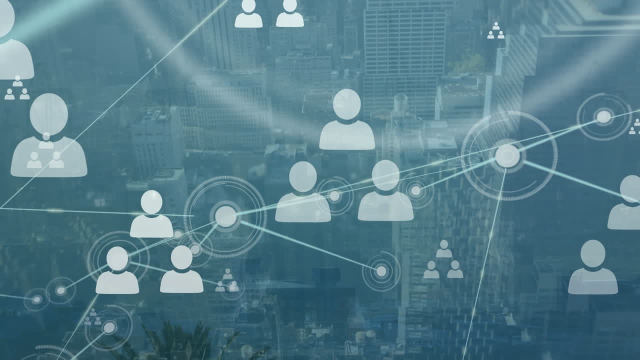 연결 네트워크의 애니메이션과 도시 풍경의 공중 시야에 떠다니는 프로필 아이콘