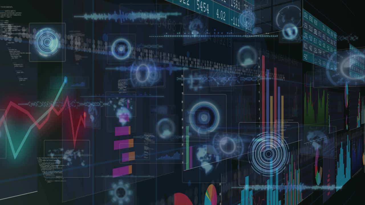 Camera panning right, data wall revealing charts and pulsing HUD rings, visualizing analytics