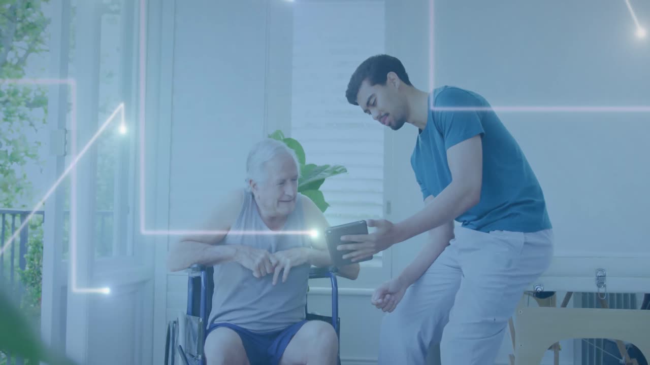 체어에 앉은 환자와 함께 두 인종 간호사에 대한 스의 애니메이션