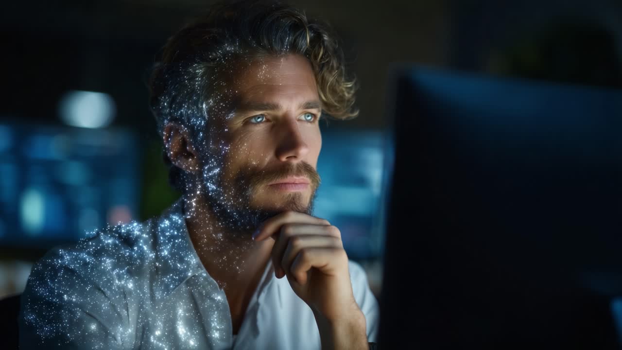 A Thoughtful Individual Engaged in Contemplation While Gazing at a Computer Screen, Surrounded by a Magical Display of Digital Sparkles and Innovations