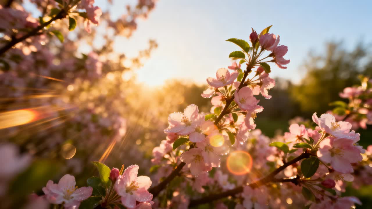 La lumière du soleil créant un reflet d'objectif, une branche de fleurs roses se rapprochant du jardin attrapant des gouttes de rosée