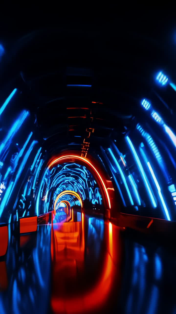 A dark tunnel with neon lights. The lights are blue and red. The tunnel is long and narrow Vertical video