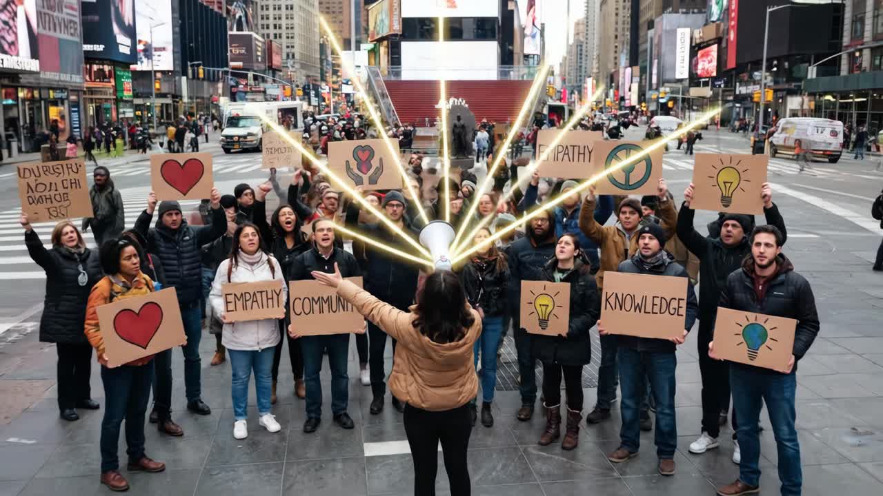 Donna attivista che parla al megafono a una folla di manifestanti