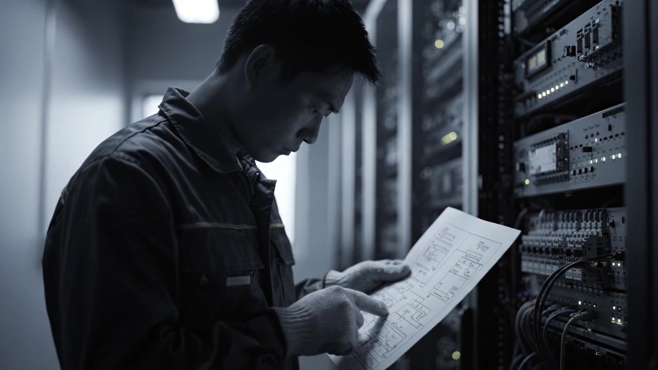 A technician examines schematics on paper while standing in front of server racks, showcasing the intricate work involved in network management and systems operation.