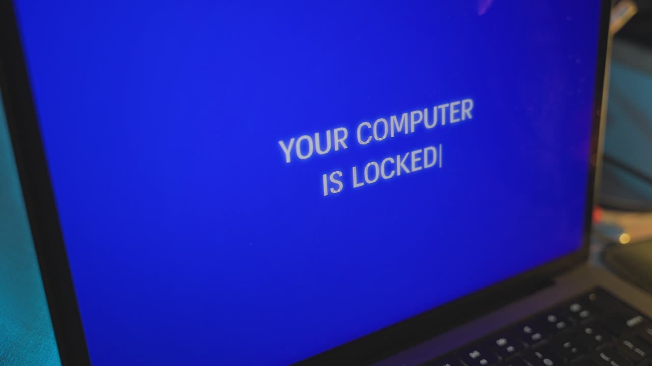 Ekstremt nærbillede af en computerskærmsmeddelelse låst af et hacker-cyberkriminalitetsangreb. Laptop-enheden er fjernadgang af en spion eller malware. Brugeren er låst ude af computeren med en alarmerende advarselsmeddelelse med fejl