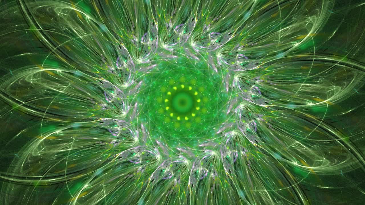 mandala de otro mundo con interminables cambios geométricos en bucle, pétalos de flores fractales cósmicos muy coloridos