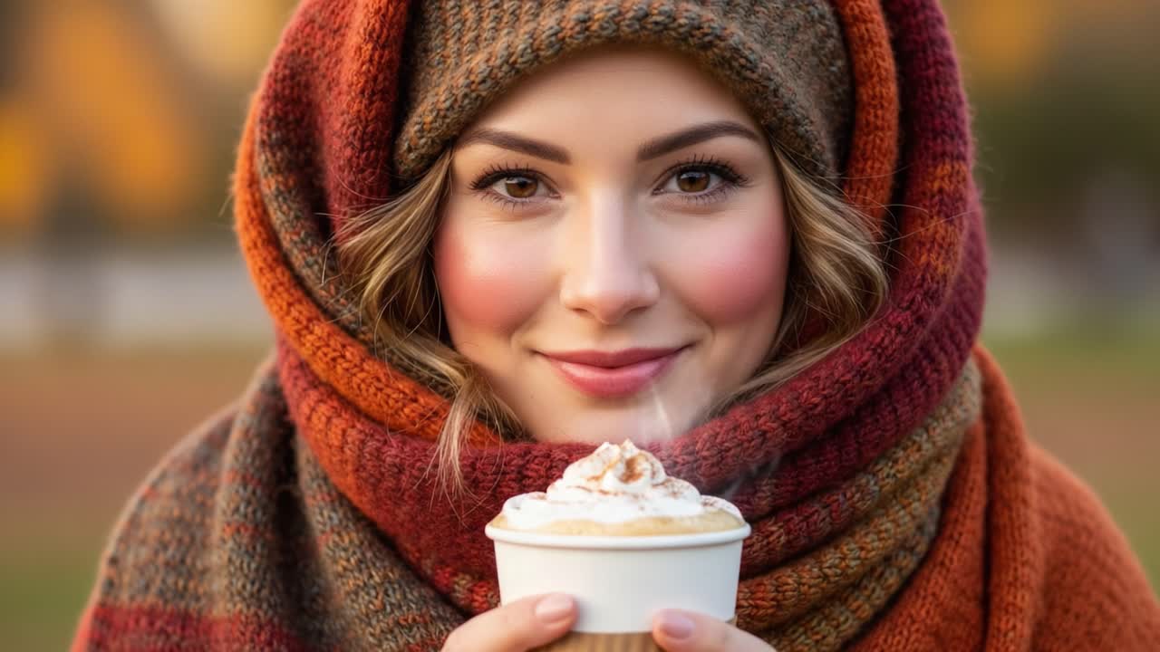 A Cozy Autumn Day: A Young Woman Embracing the Beauty of Fall with a Warm Cup of Coffee, Wrapped in Vibrant Scarves Against a Colorful Background