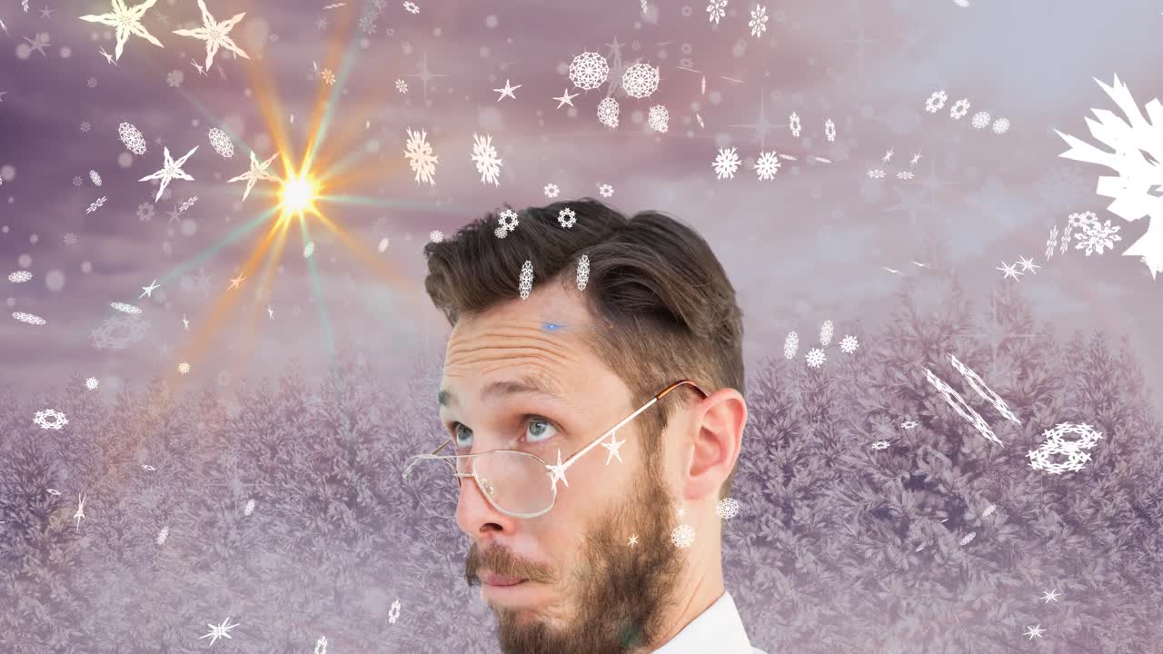 겨울 풍경 위에 백인 남성 괴짜의 애니메이션