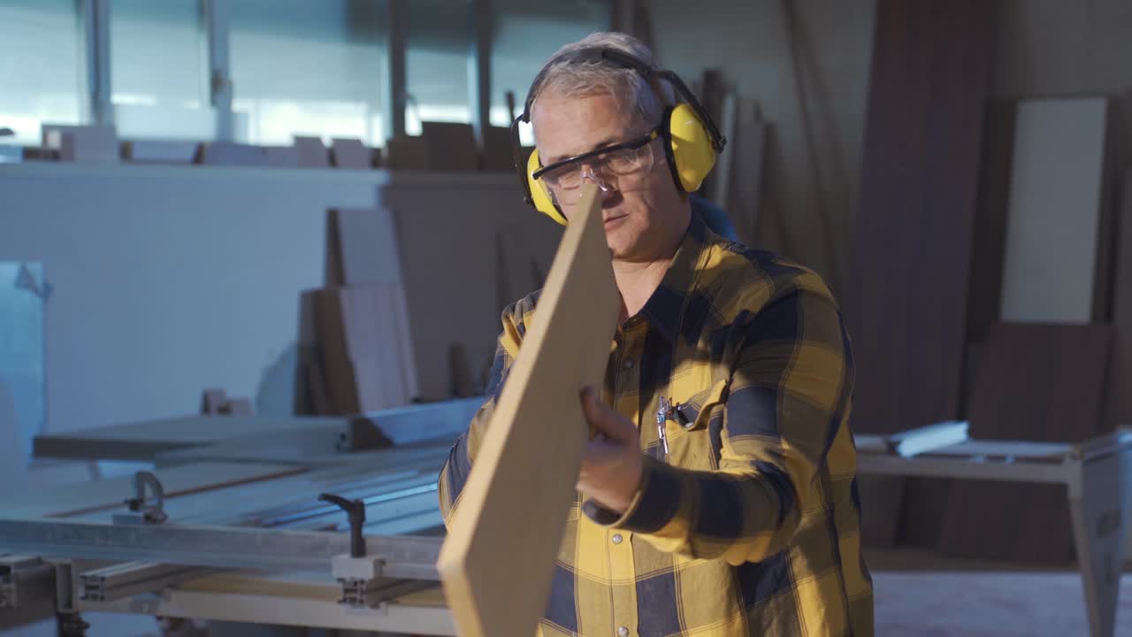 el maestro carpintero examinando la madera cruda.