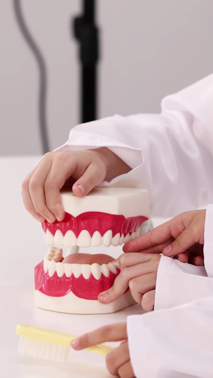 Primo piano di studenti in camice bianco che esaminano un modello dentale durante una lezione di scienze in aula