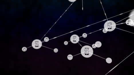 animación de la red de dispositivos conectados e íconos de medios sobre un fondo oscuro