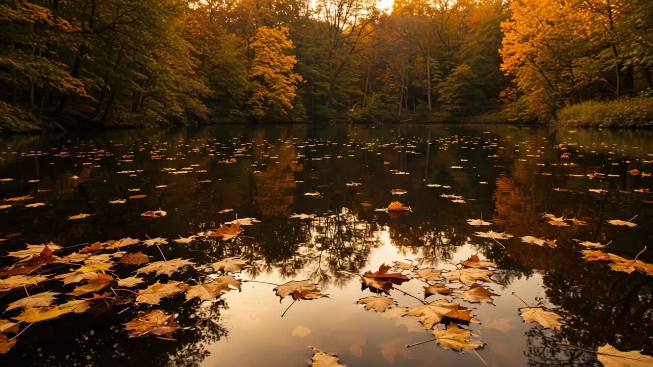 A Tranquil Autumn Scene Reflecting the Beauty of Nature: Colorful Leaves Floating on Still Water Under a Golden Sunset