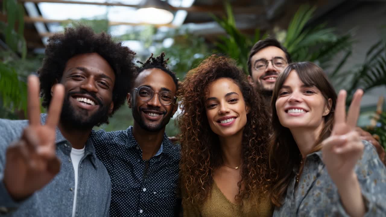 A Joyful Gathering of Friends Sharing Smiles and Positive Energy in a Lively Indoor Setting Surrounded by Lush Greenery, Celebrating Moments of Togetherness and Happiness