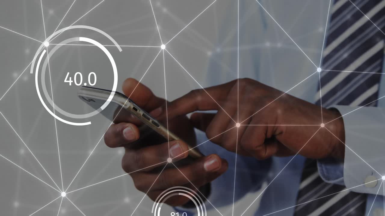 animación de la red de conexiones sobre el empresario afroamericano en el teléfono inteligente
