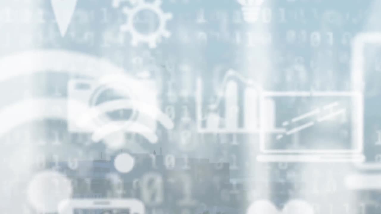 아이콘의 애니메이션과 바이너리 코딩, 도시 풍경에 대한 데이터 처리