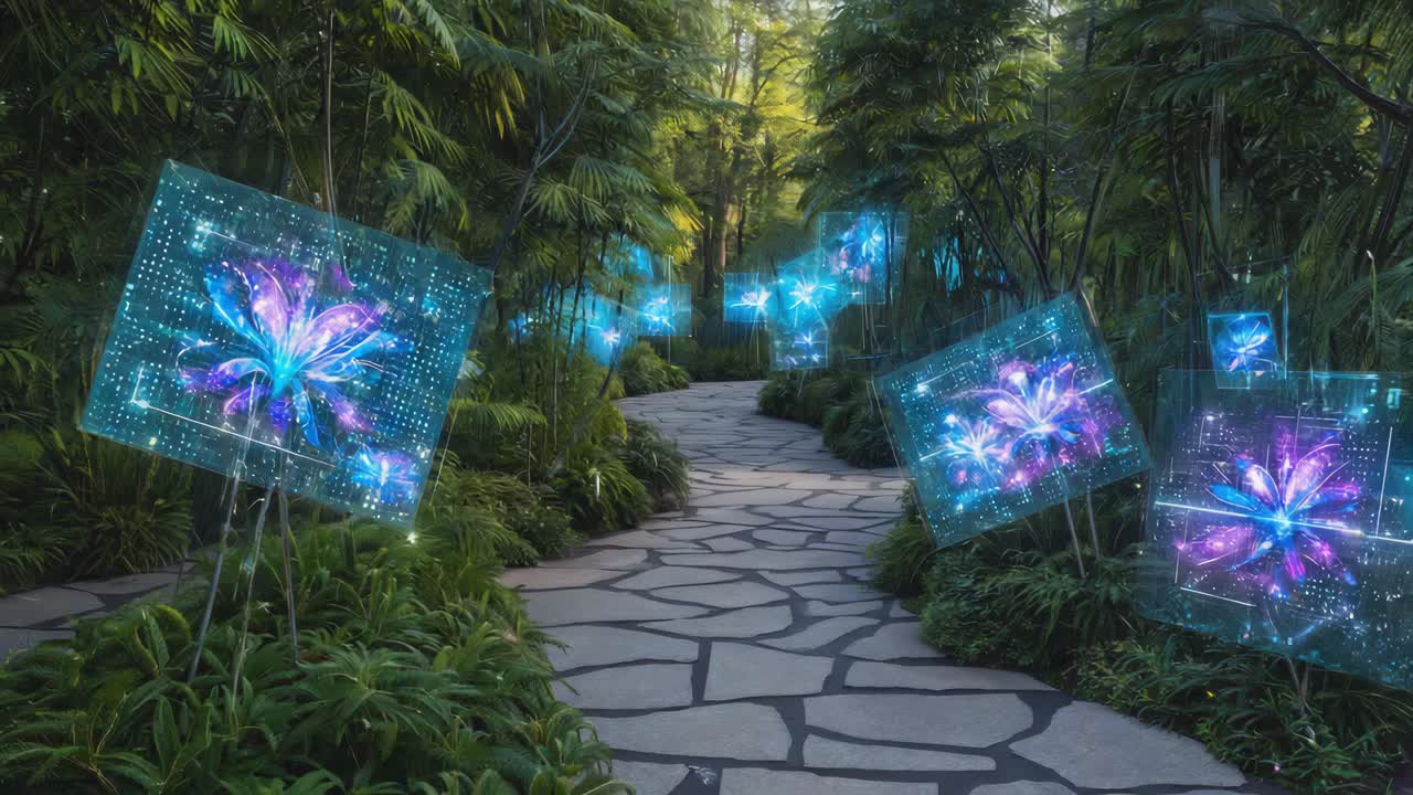 Installazione luminosa futuristica in un giardino lussureggiante.