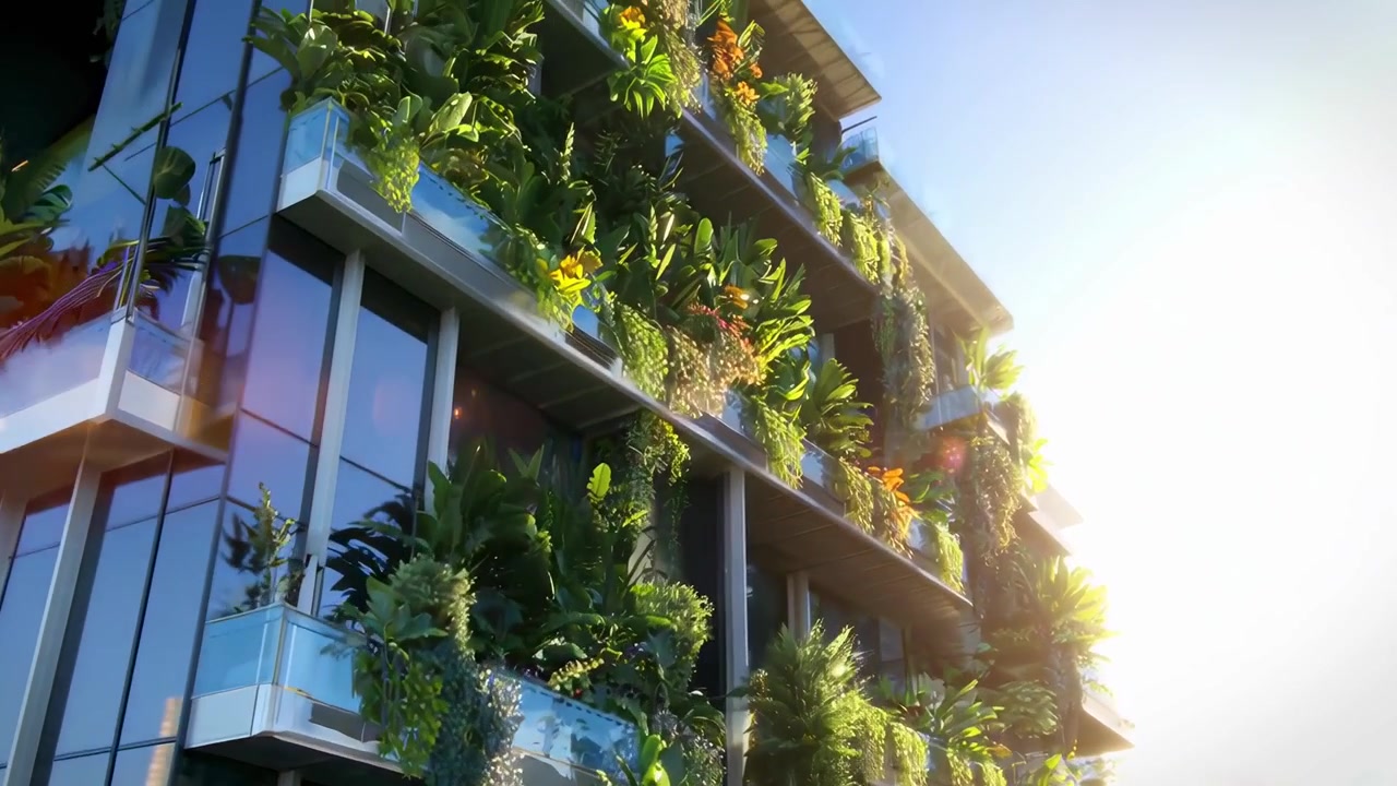 Fachada de edificio moderno con exuberante jardín vertical y balcones de cristal